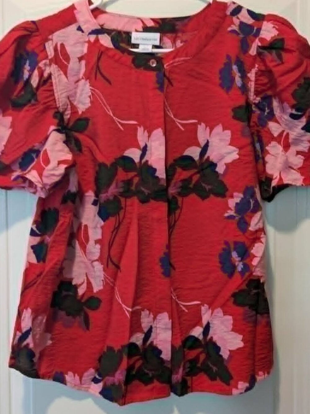 Liz Claiborne Red Floral Puff Sleeve Button Up Blouse - Eco Rayon - Size L - EUC
